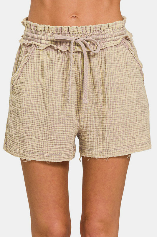 Washed Frayed Hem Drawstring Cotton Shorts