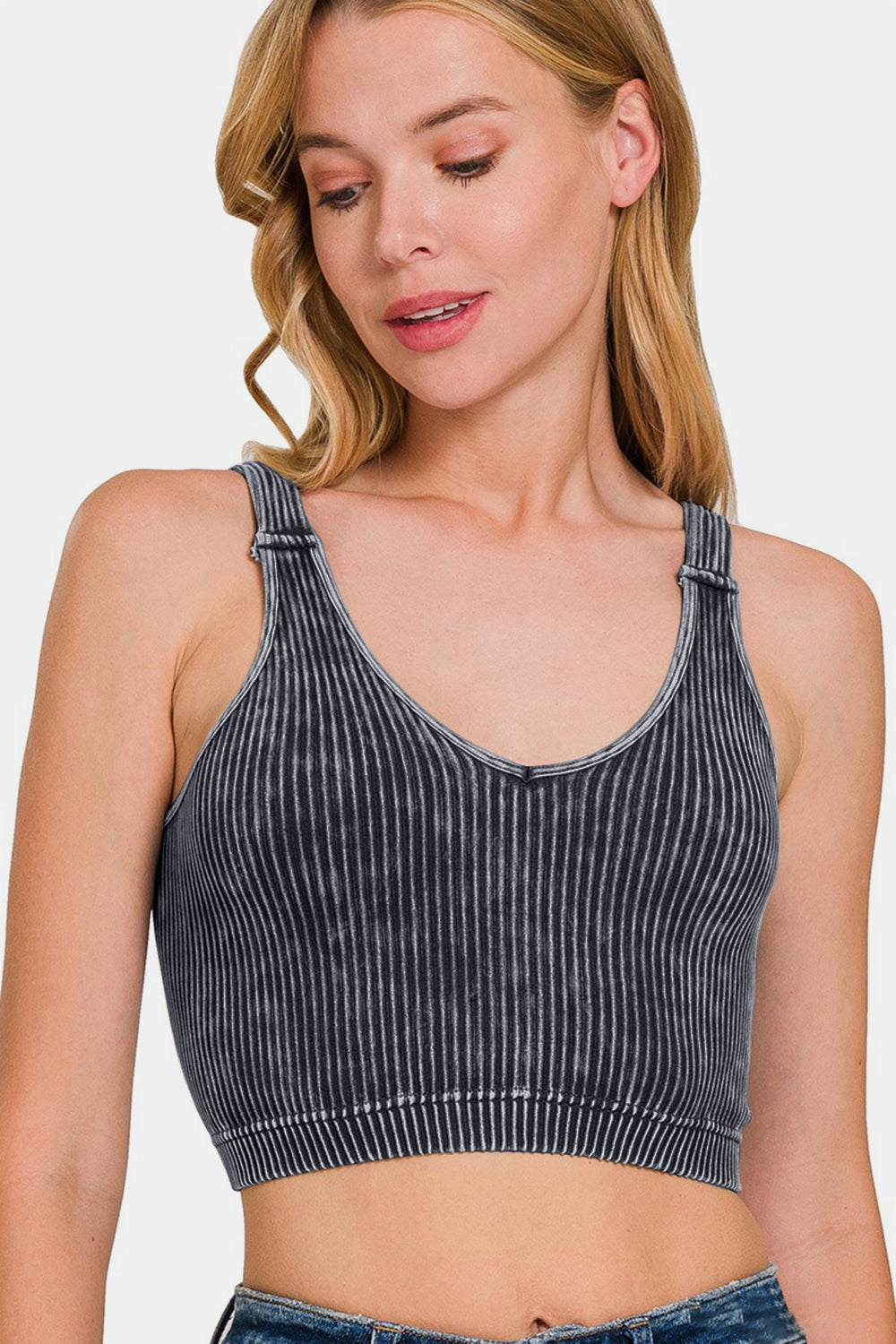 Washed Ribbed Cropped V-Neck Tank Top front