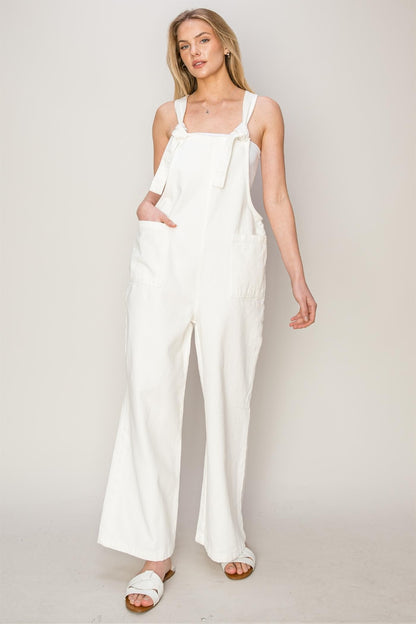 Washed Twill Knotted Strap Overalls front