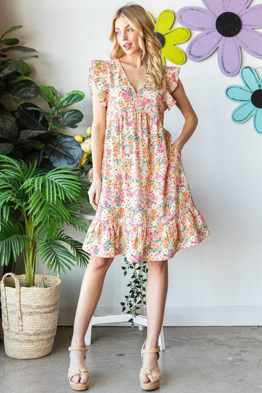 Floral Ruffled V-Neck Dress Full view