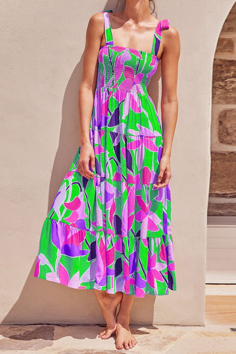 floral smocked tie waist midi dress Floral Tie-Shoulder Smocked Midi Dress