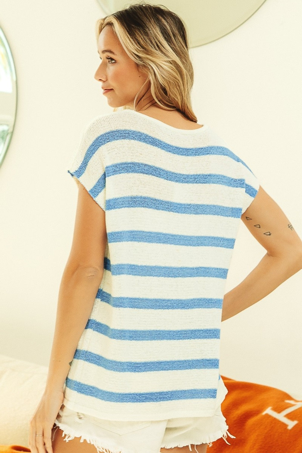 Striped Round Neck Short Sleeve Knit Top by BiBi back